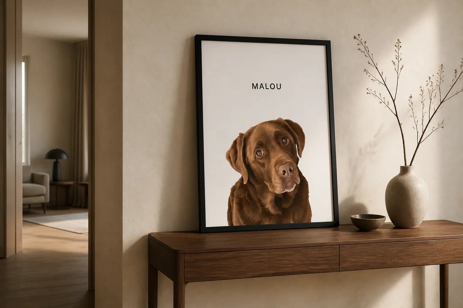 Gerahmtes PetPics-Portrait auf einer hochwertigen Konsole im Eingangsbereich