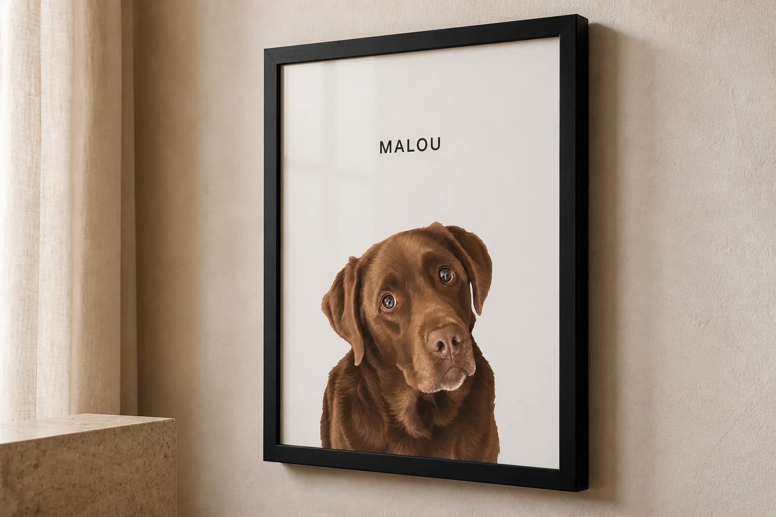 Nahaufnahme eines PetPics-Portraits mit mattem schwarzen Holzrahmen