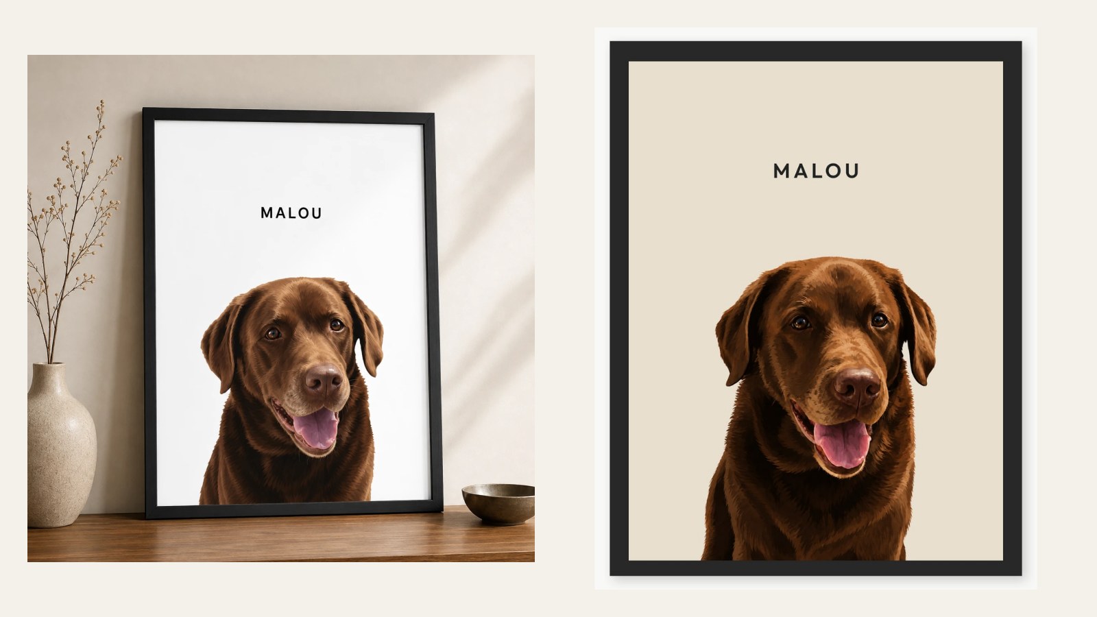PetPics-Musterportrait von Malou im Raum und als gerahmte Illustration