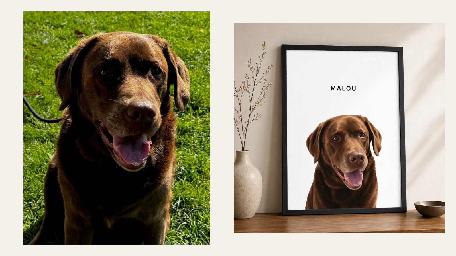 Malous Originalfoto neben einem gerahmten PetPics-Musterportrait